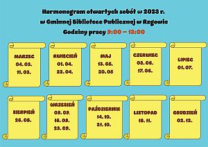 Harmonogram otwartych sobót w 2023 r. w Gminnej Bibliotece Publicznej w Rzgowie - plakat