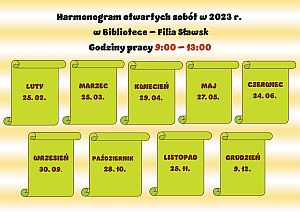 Harmonogram otwartych sobót w 2023 r. w Bibliotece – Filia Sławsk - plakat
